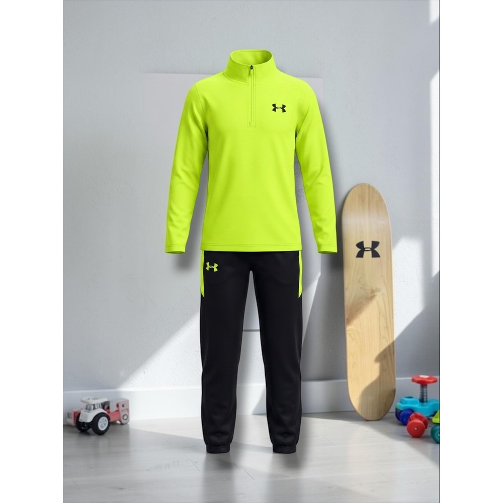 Under Armour Neon Yellow Quarter Zip Pullover and Black Pants Tracksuit Set Kids